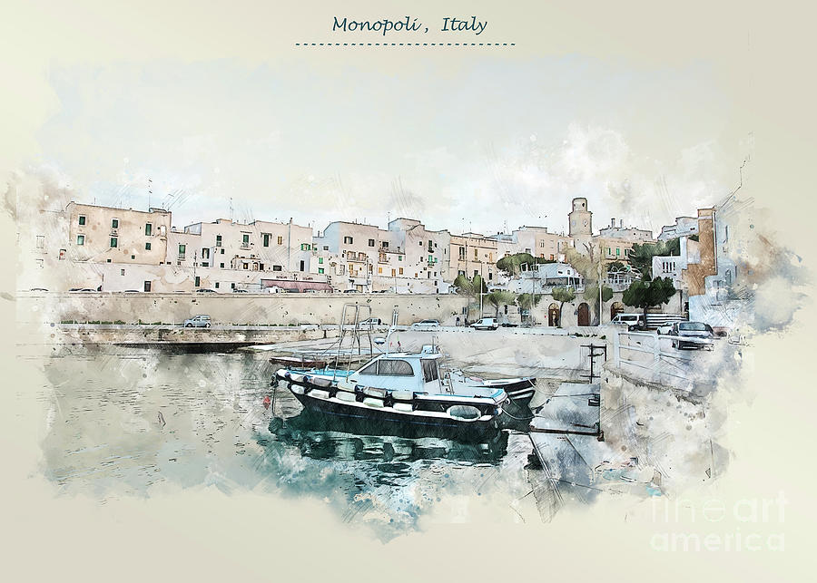 Monopoli town port, Italy  in sketch style Digital Art by Ariadna De Raadt