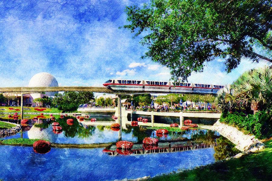 Epcot Digital Art - Monorail Red - Coming Round the Bend 24 x 36 by Sandy MacGowan
