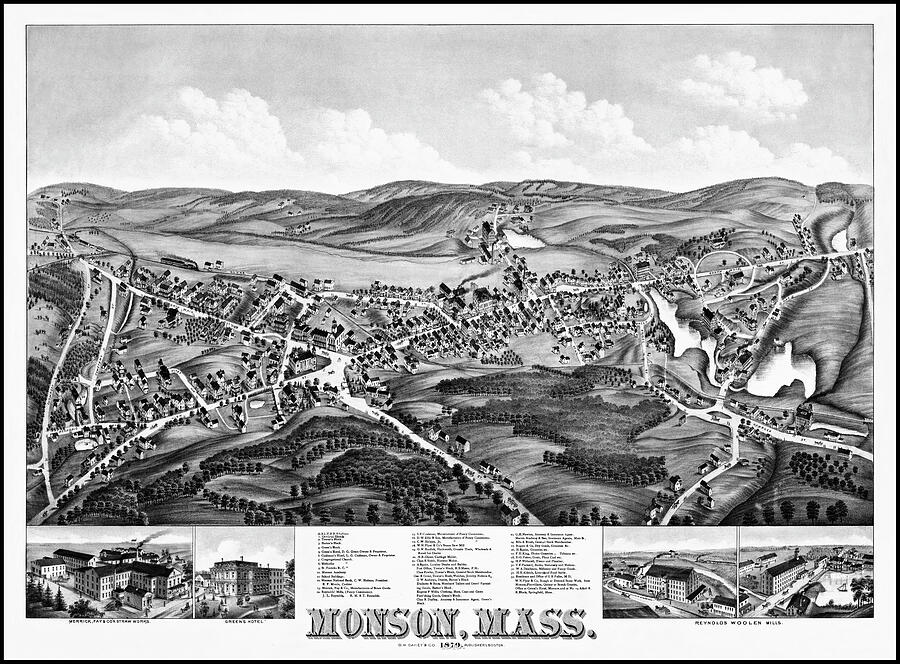 Monson Massachusetts Vintage Map Aerial View 1879 Black and White ...