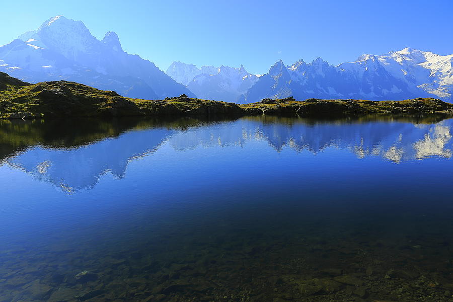 Mont Blanc Massif, idyllic lake Cheserys reflection, Chamonix, French Alps Photograph by Agustavop
