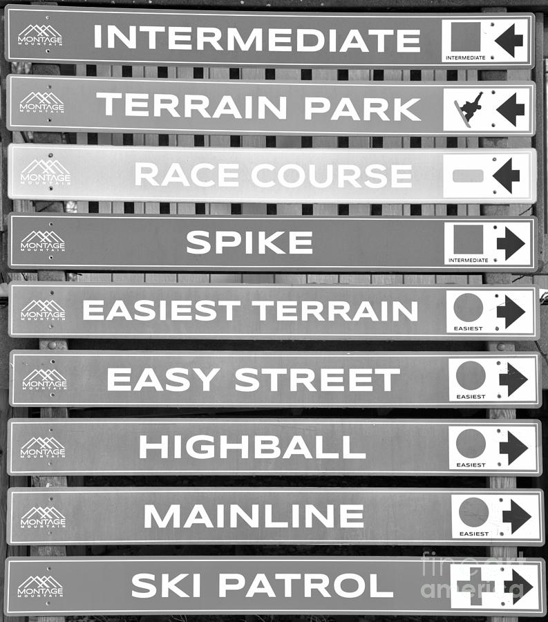 Montage Mountain Ski Signs Black And White Photograph by Adam Jewell