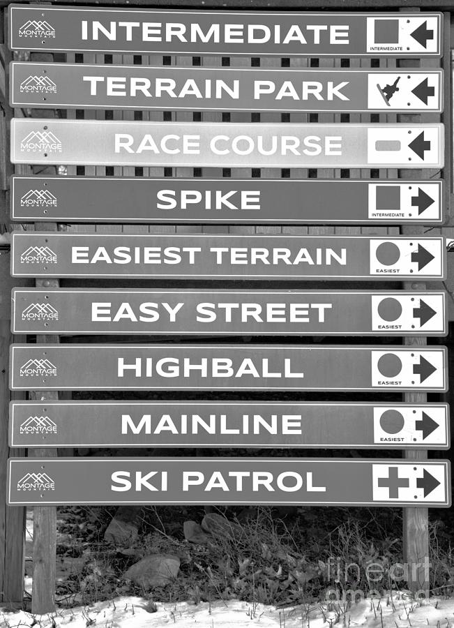 Montage Mountain Summit Ski Signs Black And White Photograph by Adam Jewell