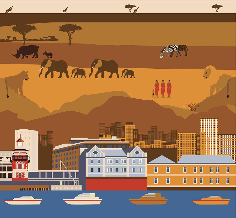 Montage of Cape Town waterfront with South African wildlife and tribal people Drawing by Fanatic Studio