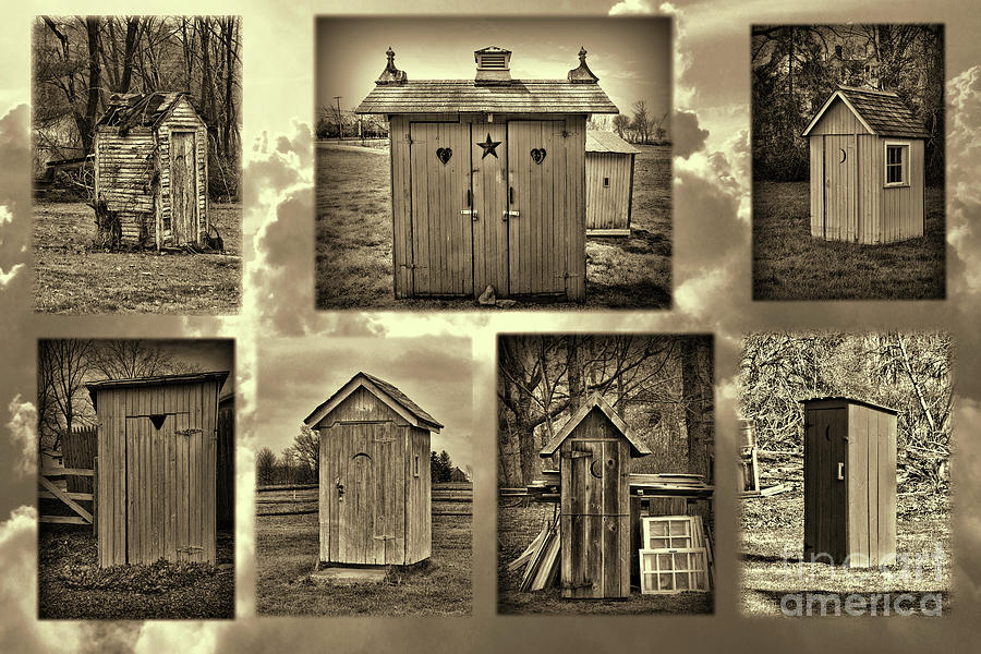 Montage of Outhouses in retro sepia Photograph by Paul Ward