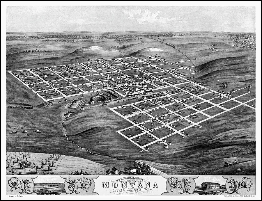 Montana Iowa Vintage Map Birds Eye View 1868 Black and White  Photograph by Carol Japp