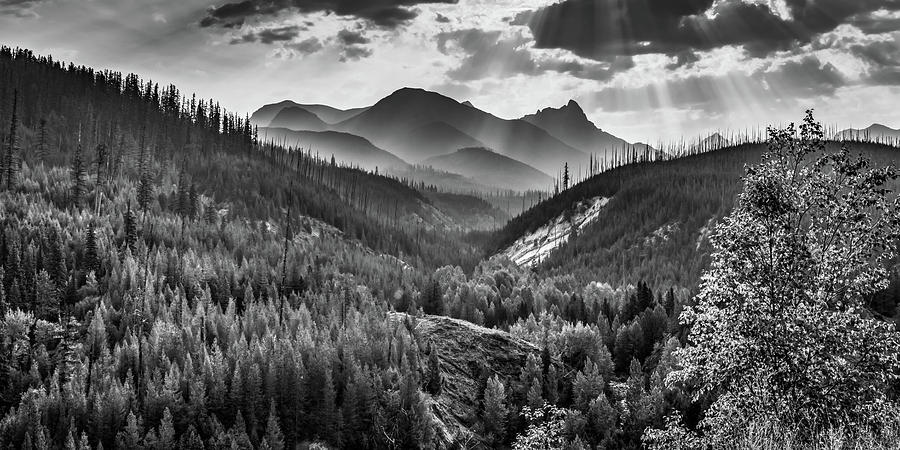 Black And White Photograph - Montana Rocky Mountain Peaks At Glacier National Park Monochrome Panorama by Gregory Ballos