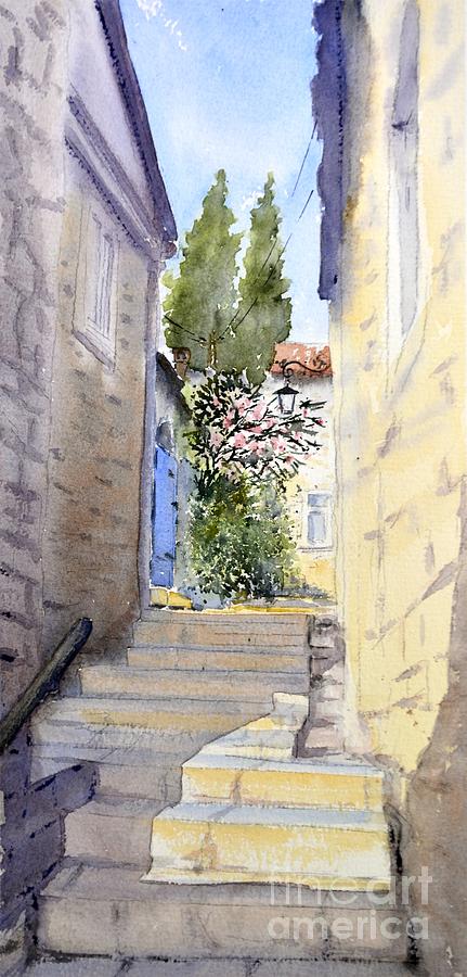 Cat Painting - Montenegro #18 Stairs and flowers 17x36 cm 2018 by Nenad Kojic Watercolours