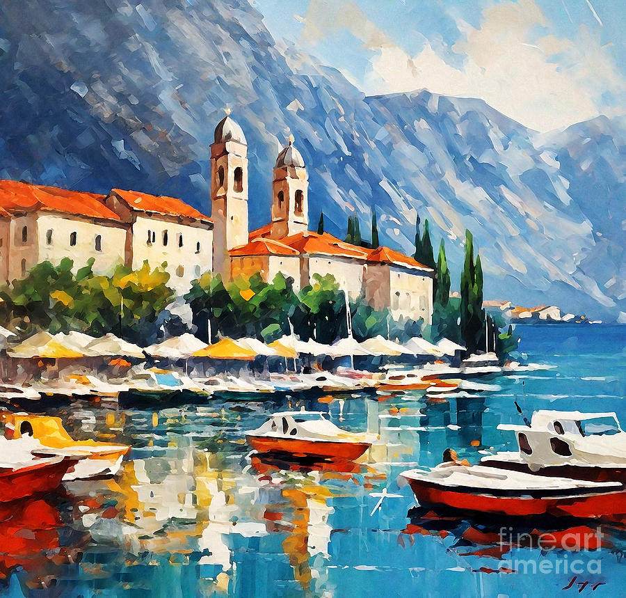 Mountain Painting - Montenegro Sea Mountains Harbor Kotor by Eldre Delvie