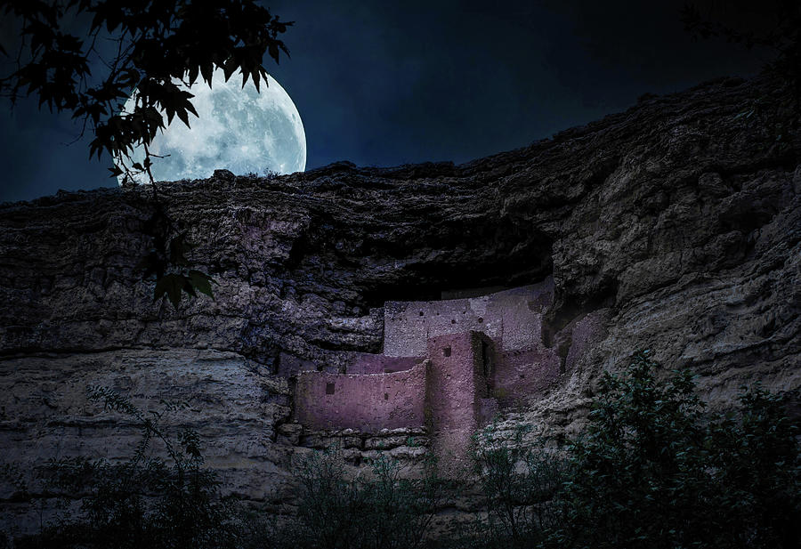 Montezumas Castle Under a Harvest Moon Photograph by Rebecca Herranen