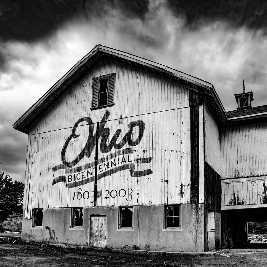 Black And White Photograph - Montgomery County Ohio Bicentennial Barn - Black and White by Gregory Ballos