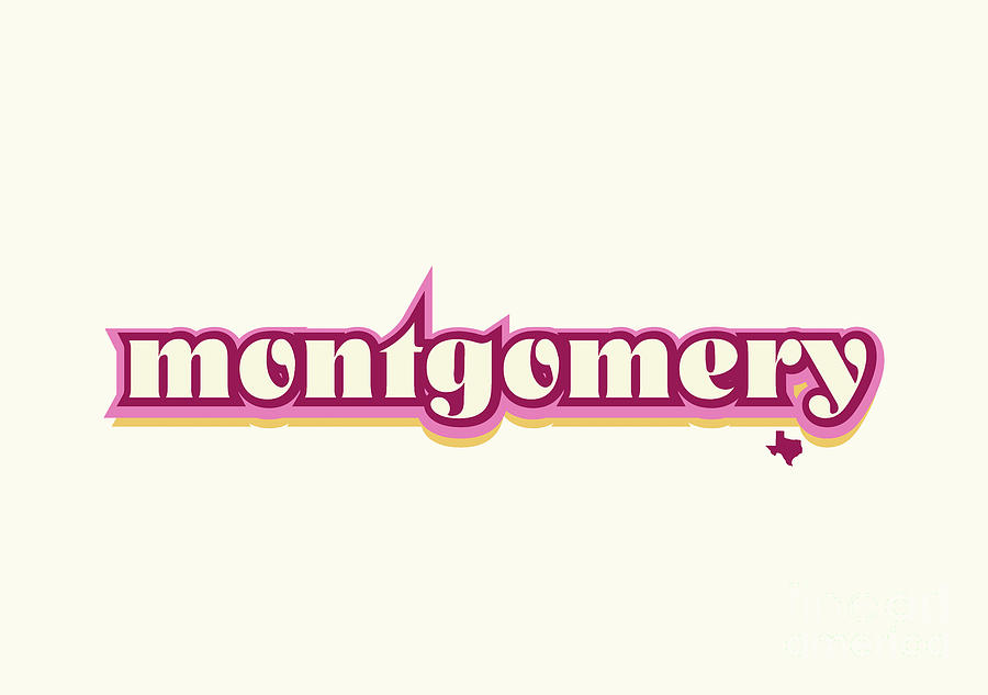 Montgomery Texas - Retro Name Design, Southeast Texas, Pink, Maroon, Yellow Digital Art by Jan M Stephenson