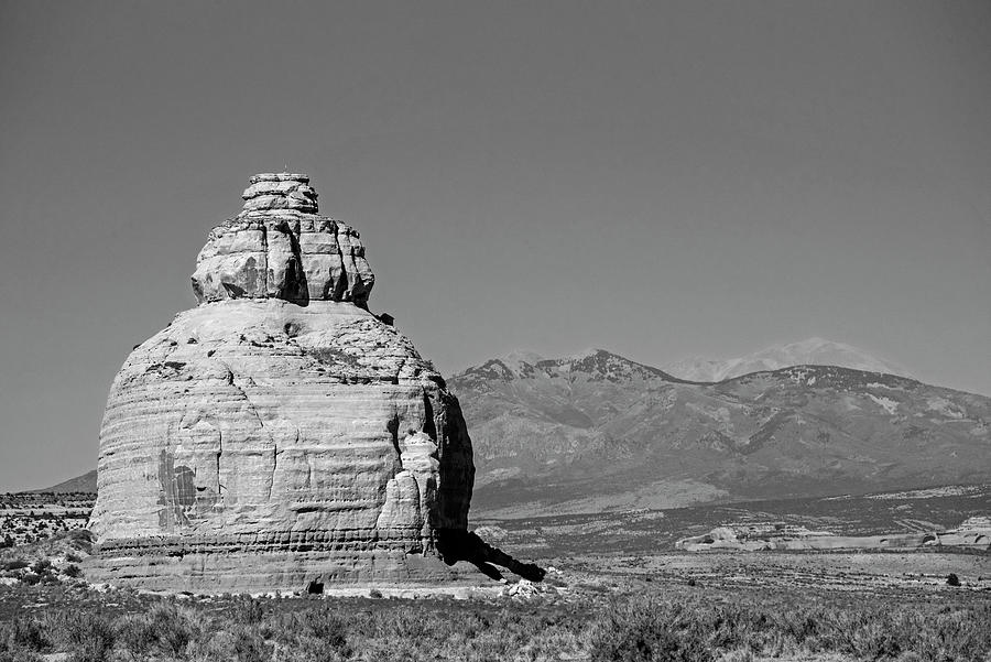 Monticello Utah Church Rock and surrounding Mountains Black and White Photograph by Toby McGuire