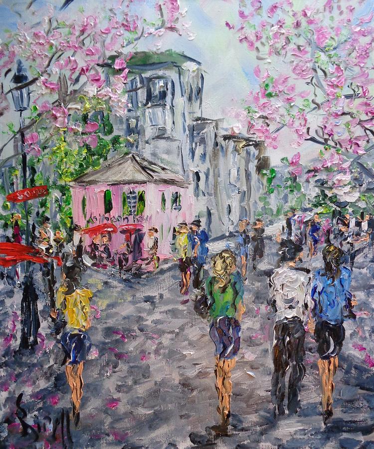 Montmartre In Paris With Flowering Trees And Parisian Women Painting By   Montmartre In Paris With Flowering Trees And Parisian Women Kirill Sukhanov 