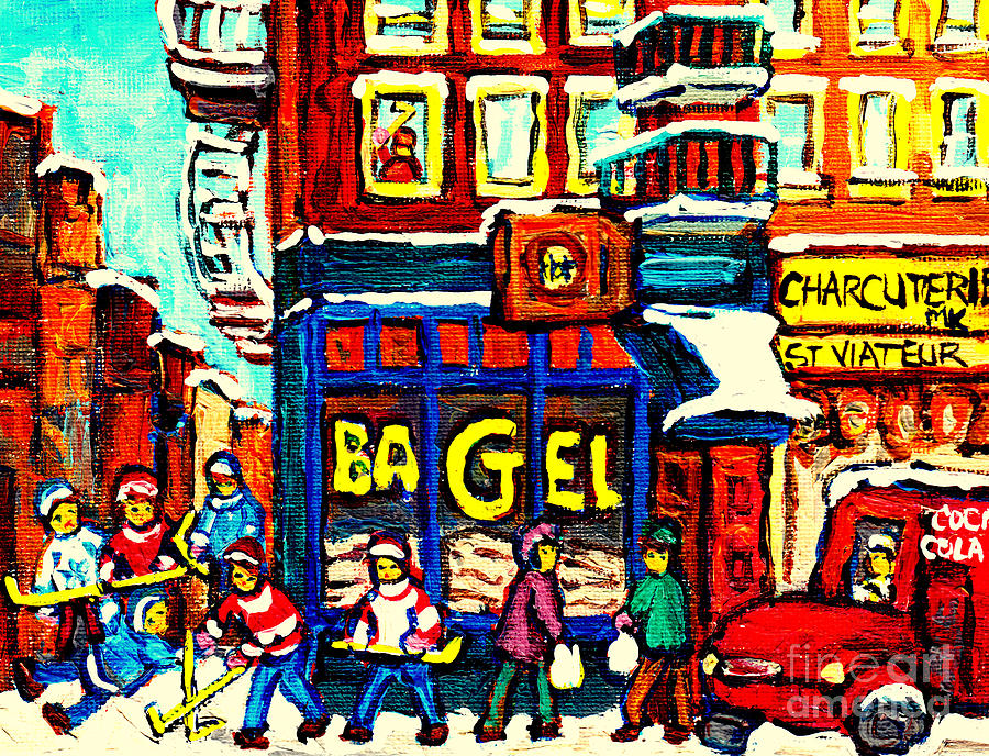 Montreal Bagel Shop Winter Street Scenes Hockey Painting Rue St Viateur C Spandau Best Canadian Art Painting by Carole Spandau