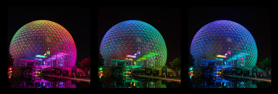 Montreal Biosphere Night Lights Triptych Digital Art by Marlin and Laura Hum