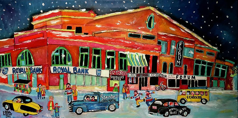 Montreal Forum busy Corner 1960 Painting by Michael Litvack