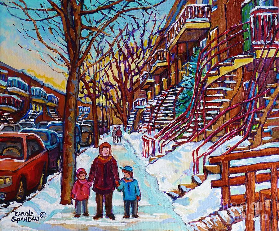 Montreal Paintings Staircase Scenes For Sale Winter Stroll Verdun To Plateau Mont Royal Winter Scene Painting by Carole Spandau