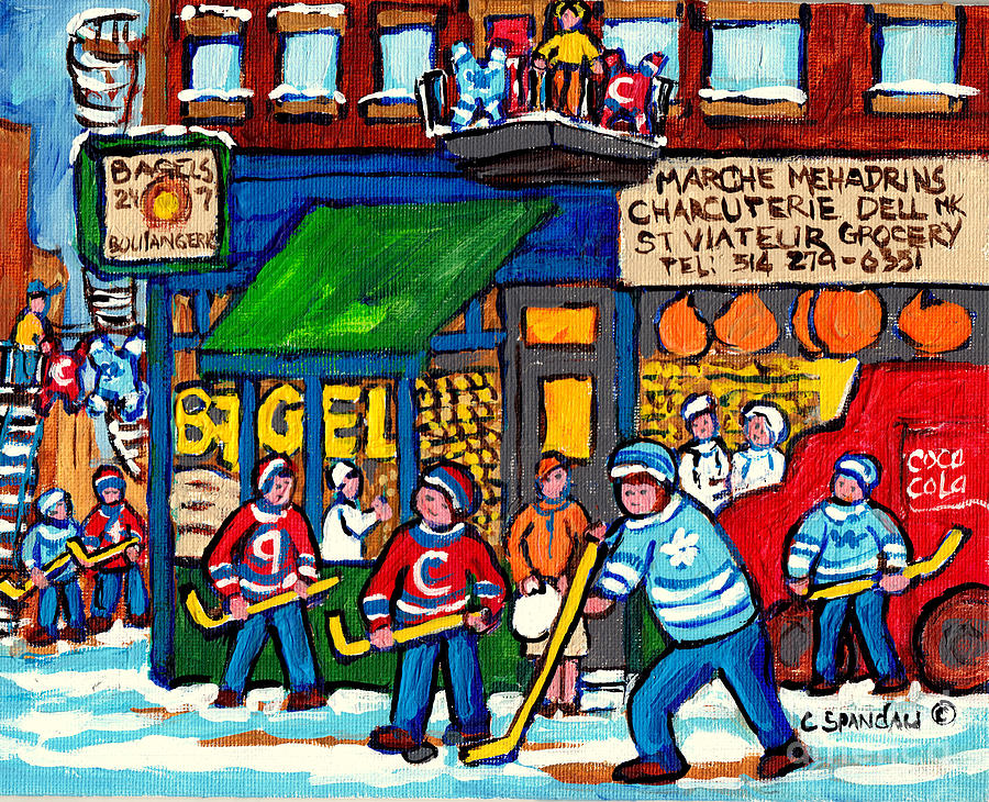 Montreal St Viateur  Bagel Shop Painting C Spandau Quebec Artist Street Hockey Winter Scene For Sale Painting by Carole Spandau