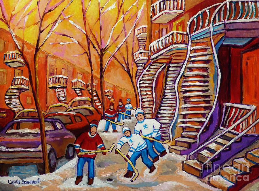 Montreal Street With Hockey Game Blue Winding Staircase Painting By Canadian Artist Carole Spandau Painting by Carole Spandau