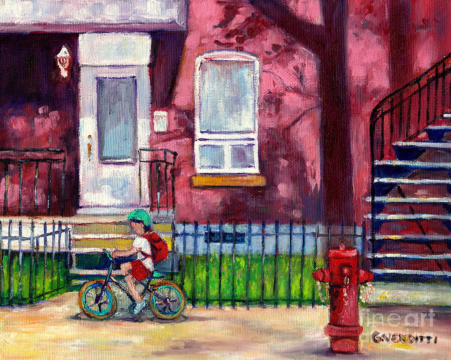 Montreal Summer Scene With Long Shadows Painting Little Girl On Bicycle Canadian Art Grace Venditti Painting by Grace Venditti