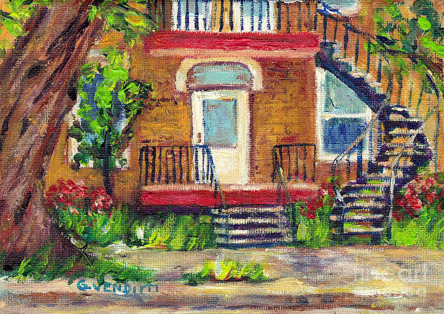 Montreal Summer Scene With Outdoor Staircase Red Balconies Grace Venditti Art Painting by Grace Venditti