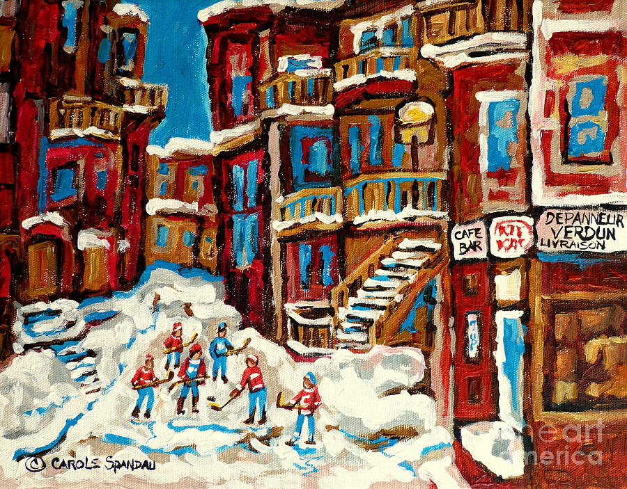 Montreal Verdun Balconville Street Hockey Painting Carole Spandau Canadian Artist Quebec Art Scenes Painting by Carole Spandau