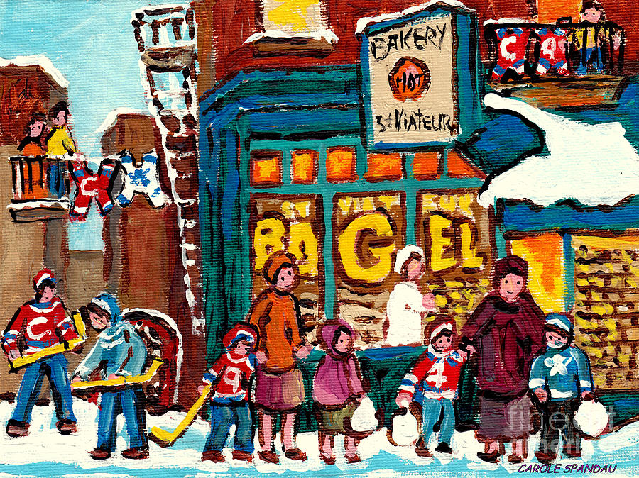 Montreal Winter Scene For Sale St Viateur Bagel Bakery Street Hockey Art Quebec Artist C Spandau Painting by Carole Spandau