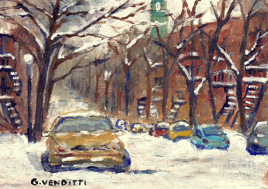 Montreal Winter Scene Hochelaga Borough Snowy Street After The Snow Storm Grace Venditti Artist Painting by Grace Venditti