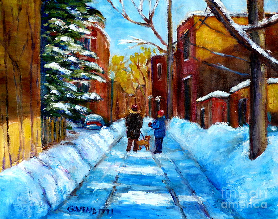 Snowy Montreal Winter Scene Laneway Friendly Conversation And Puppy Walk Grace Venditti Quebec Art Painting by Grace Venditti