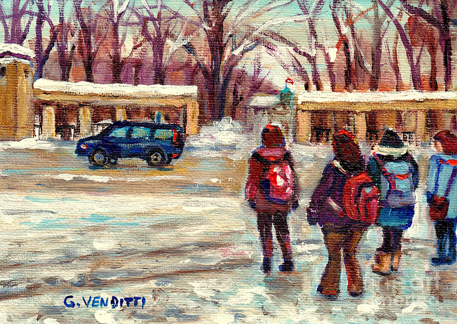 Mcgill University Students Walking Towards Roddick Gates Montreal Winter Scene Grace Venditti Artist Painting by Grace Venditti