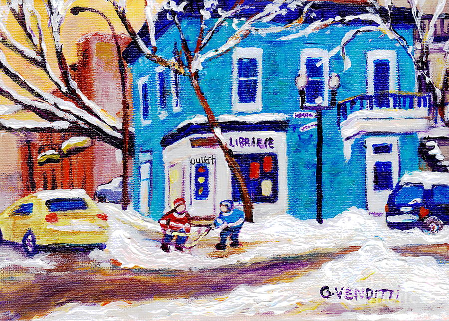 Montreal Winter Scene Painting Rue Villeneuve Corner House With Street Hockey Plateau Mount Royal  Painting by Grace Venditti