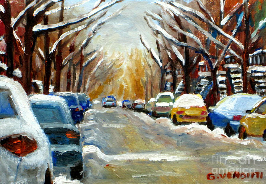 Montreal Winter Scene Parked Cars After The Snow Fall Snowy Street Scene  Painting by Grace Venditti