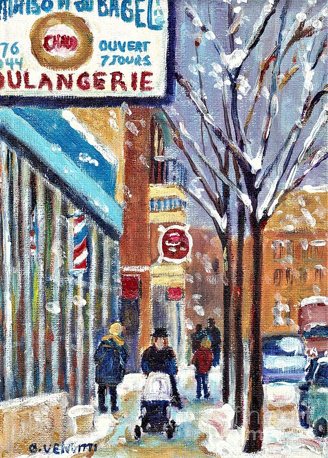 Montreal Winter Scene Rue St Viateur With Bagel Shop Grace Venditti Art Painting by Grace Venditti