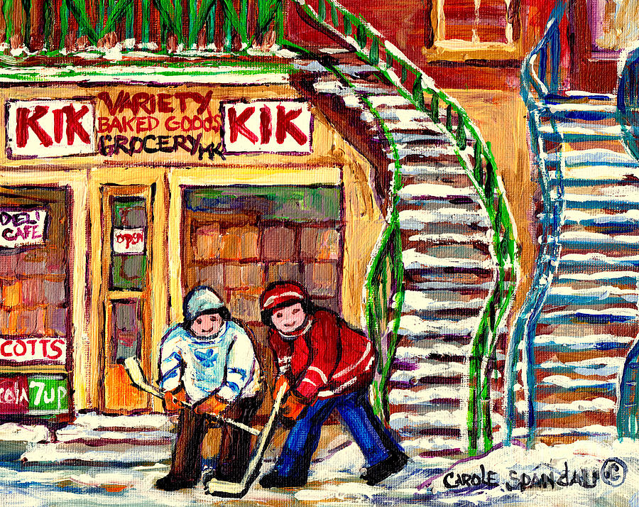 Montreal Winter Scene Two Hockey Boys Face Off At Local Depanneur C Spandau Canadian Art Quebec Art Painting by Carole Spandau