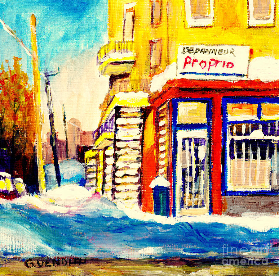 Montreal Winter Scene Verdun Depanneur Proprio Corner Store  Painting by Grace Venditti