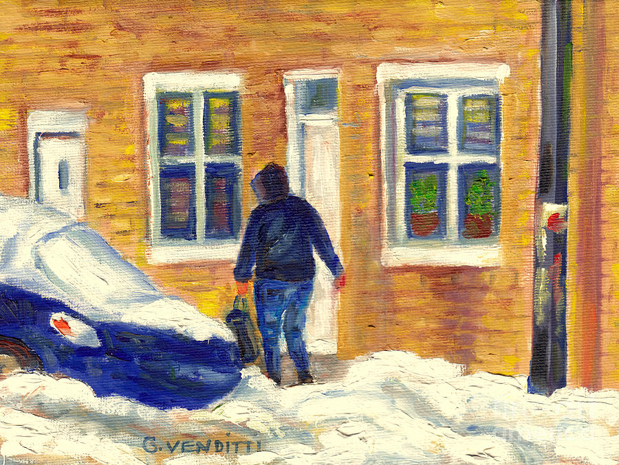 Montreal Winter Street Scene Man Walking After Snowfall Canadian Painting Grace Venditti Artist Painting by Grace Venditti