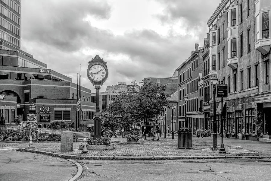 Monument Square Street Clock Black and White Photograph by Sharon Popek