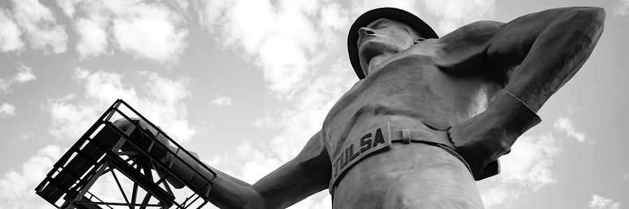 Monumental Monochrome Majesty - The Tulsa Golden Driller Panorama Photograph by Gregory Ballos