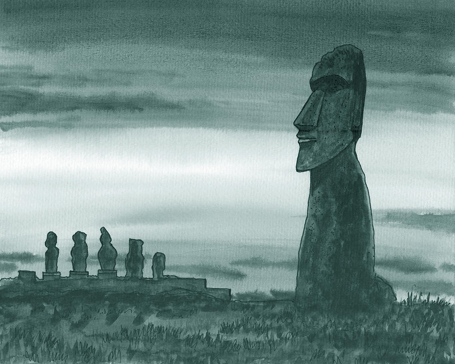 Monumental Statues Of Easter Island Chile Gray Watercolor Painting by Irina Sztukowski