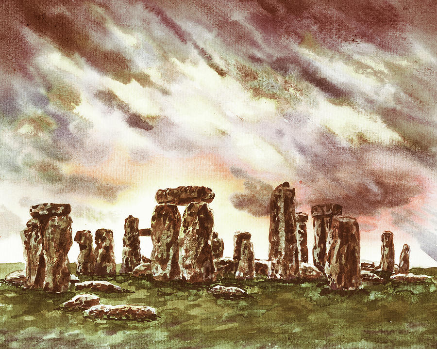Monumental Stonehenge England At Sunset Watercolor Landscape  Painting by Irina Sztukowski