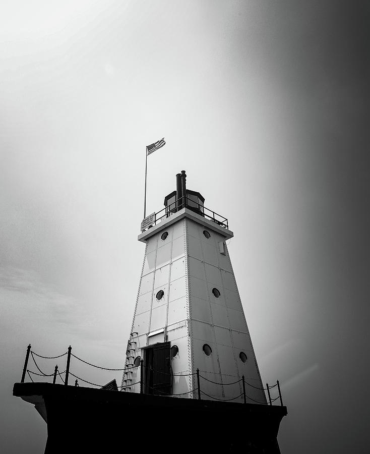 Moody Ludington North Breakwater Lighthouse Black And White Photograph by Dan Sproul