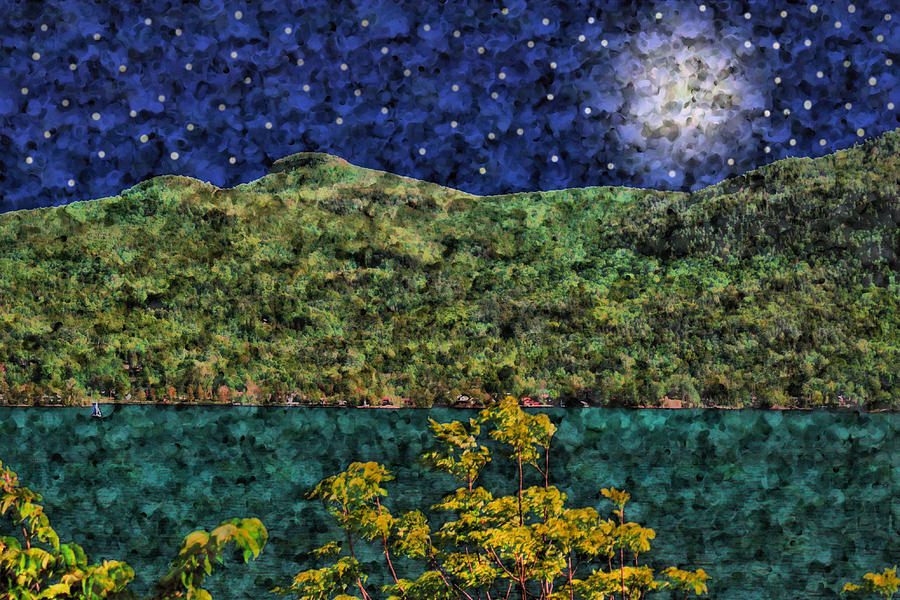 Moon and Stars Over Huletts on Lake George Digital Art by Russ Considine