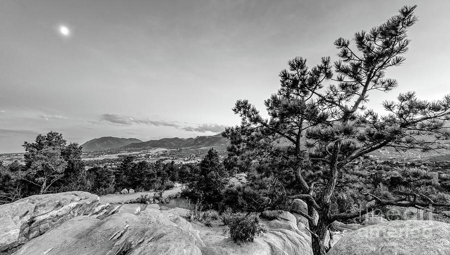 Moon At Garden Of Gods Pano Grayscale Photograph by Jennifer White