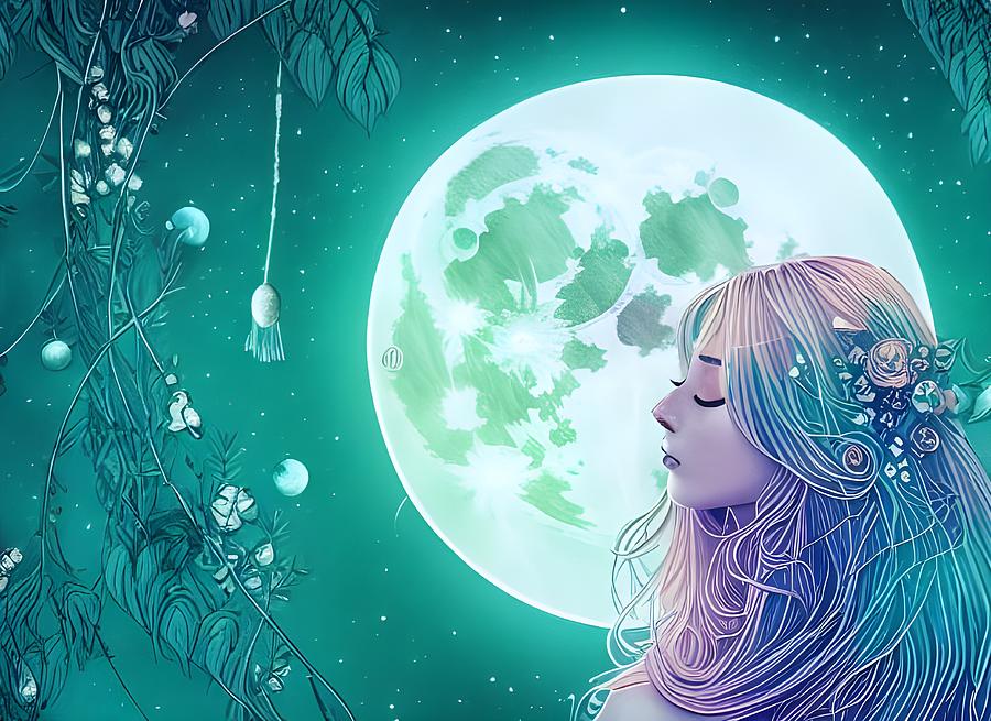 Moon Behind Pretty Girl Digital Art by Beverly Read