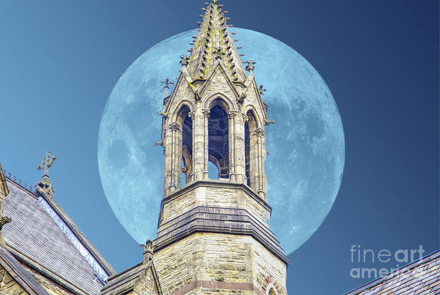 Moon behind The Church of the Holy Name of Jesus on Oxford Road, Manchester, England. Photograph by Pics By Tony