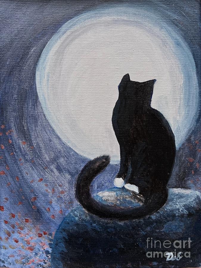Moon Cat Painting by Deb Stroh-Larson