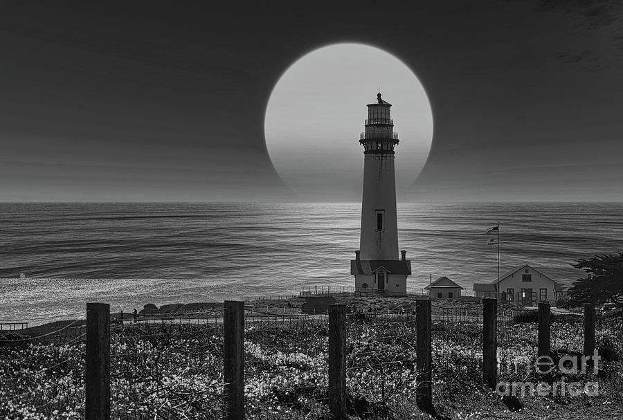 Moon Epic Pigeon point lighthouse BW California  Photograph by Chuck Kuhn