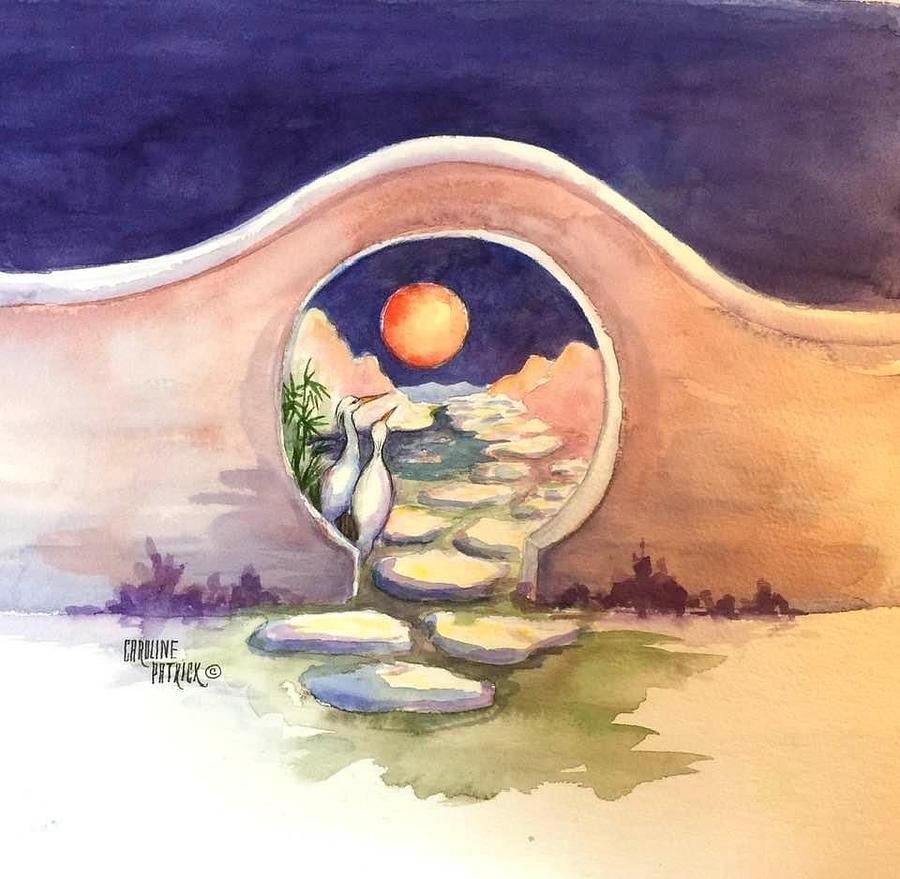 Moon Gate  and Cranes  Painting by Caroline Patrick