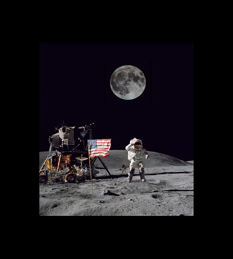 Space Digital Art - Moon Man Salute Flag by Captain Kirk