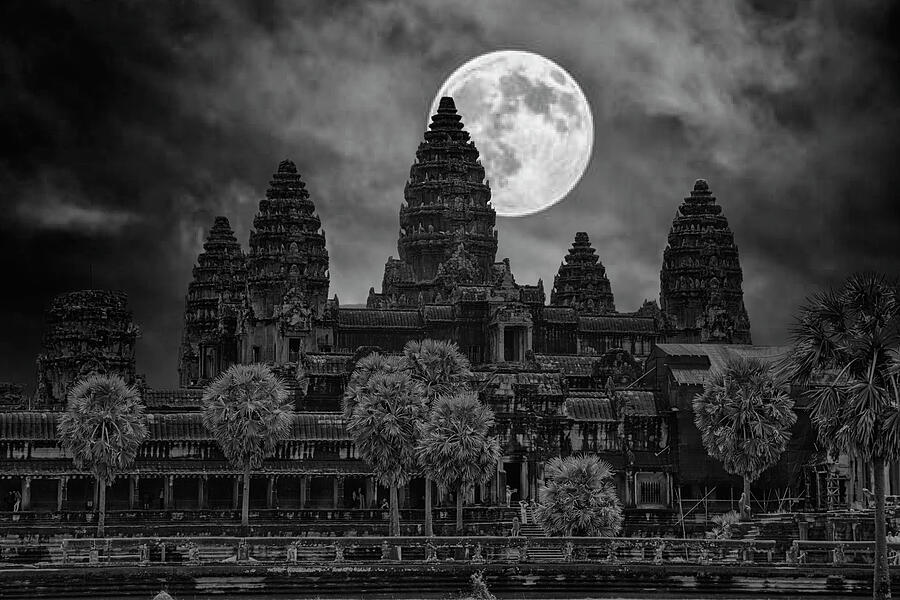 Moon Over Angkor Wat Temples Black White  Photograph by Chuck Kuhn